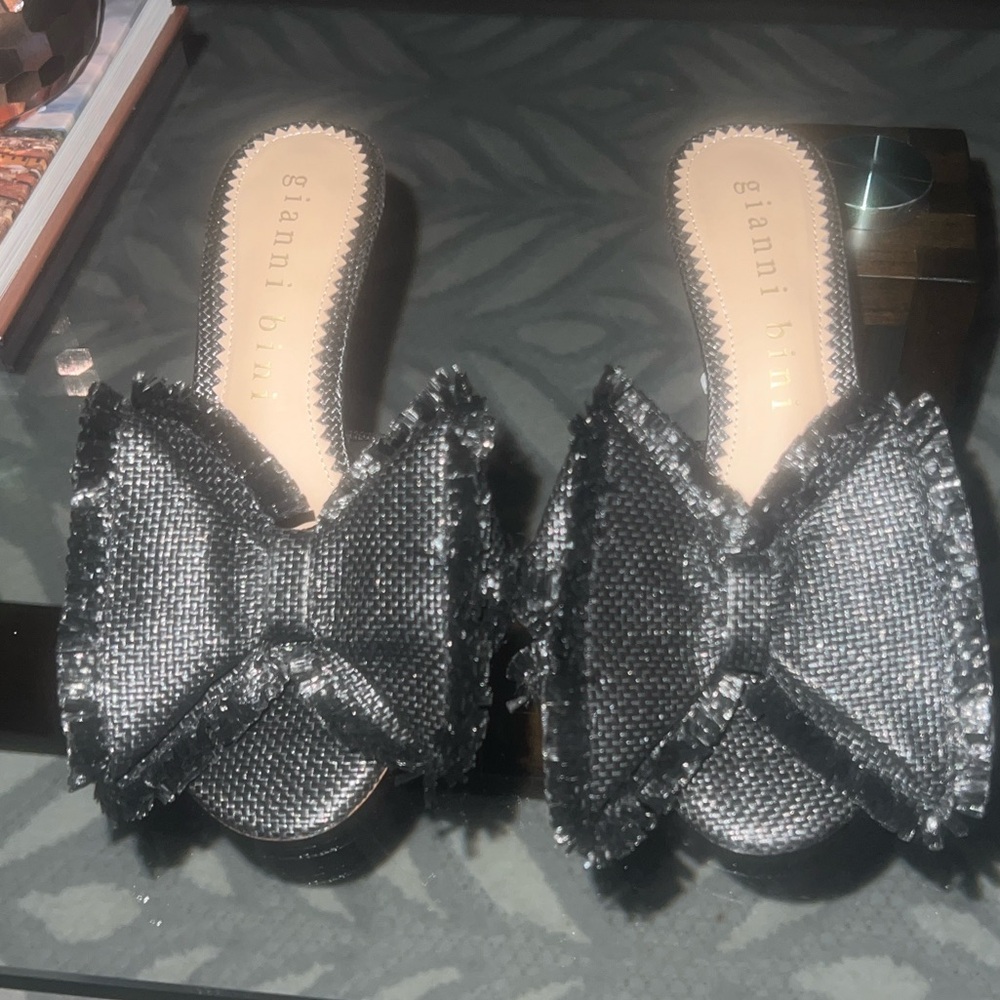 Gianni Bini Black Raffia Mules with Fringe Bow Detail